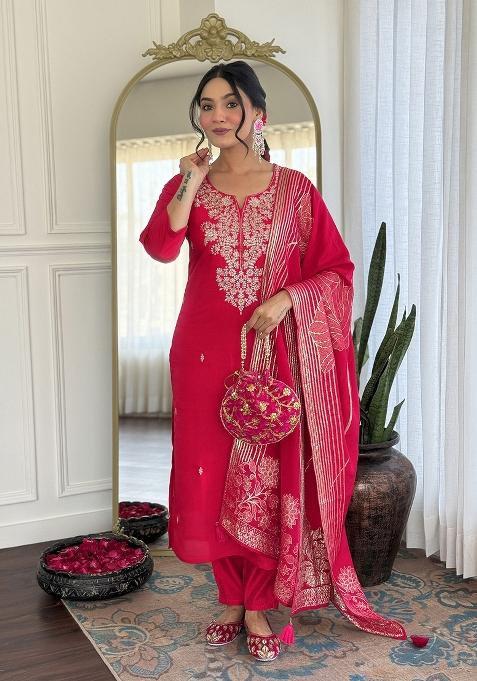 Rani Pink Embroidererd Roman Silk Salwar Kameez With Dupatta