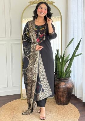 Black Embroidererd Roman Silk Salwar Kameez With Dupatta
