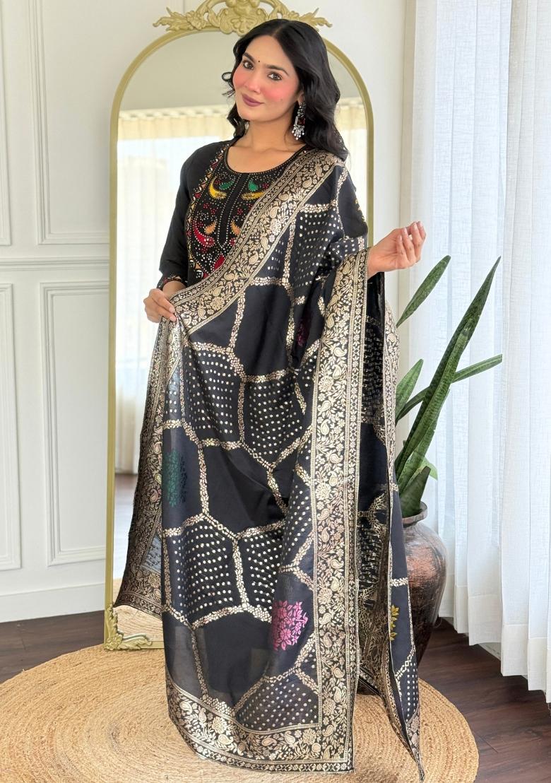 Black Embroidererd Roman Silk Salwar Kameez With Dupatta