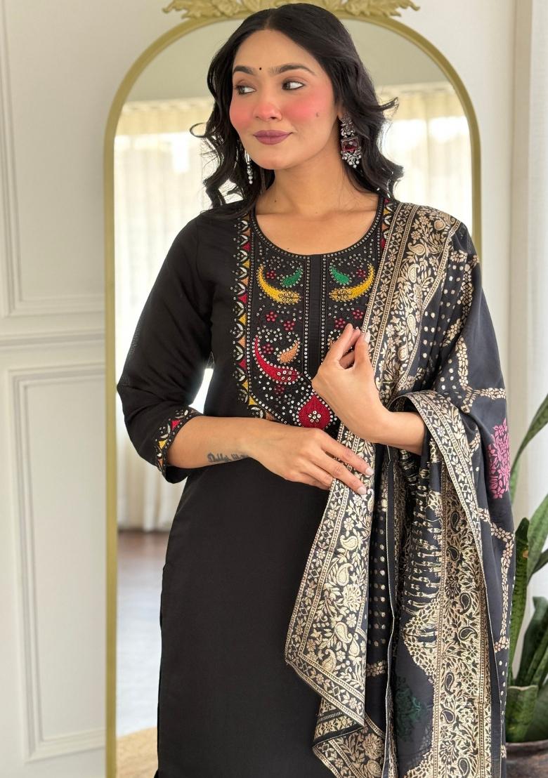 Black Embroidererd Roman Silk Salwar Kameez With Dupatta