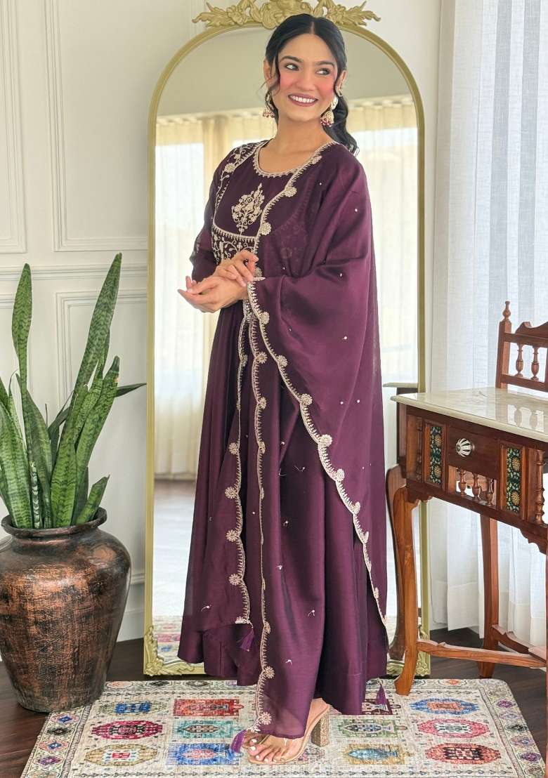 Wine Embroidered Vichitra Pakistani Suit Set - Indya