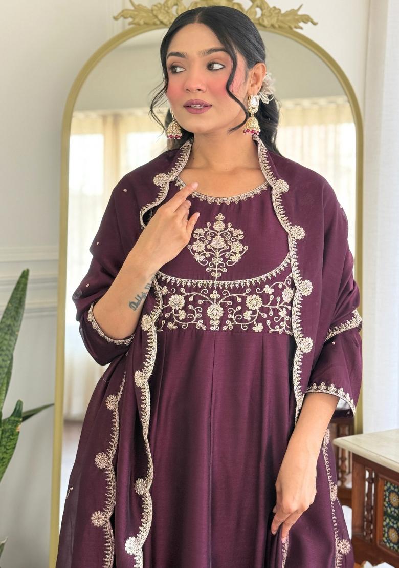 Wine Embroidererd Vichitra Silk Salwar Kameez With Dupatta