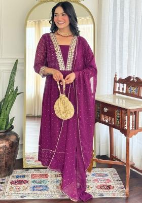 Wine Embroidererd Georgette Salwar Kameez With Dupatta