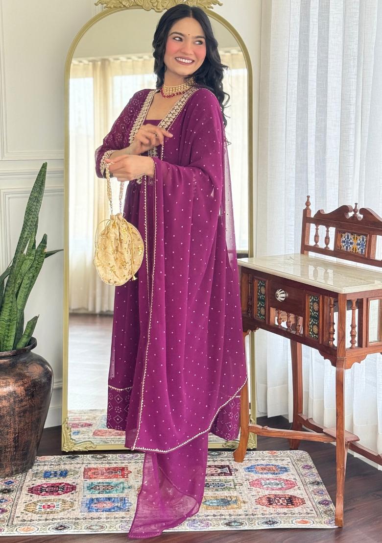 Wine Embroidererd Georgette Salwar Kameez With Dupatta