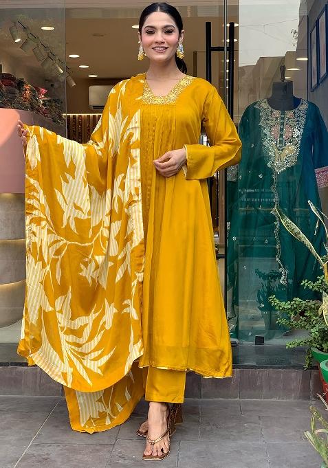 Mustard Yellow Printed Silk Salwar Kameez