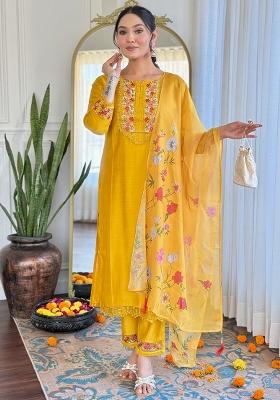 Mustard Yellow Printed Silk Salwar Kameez