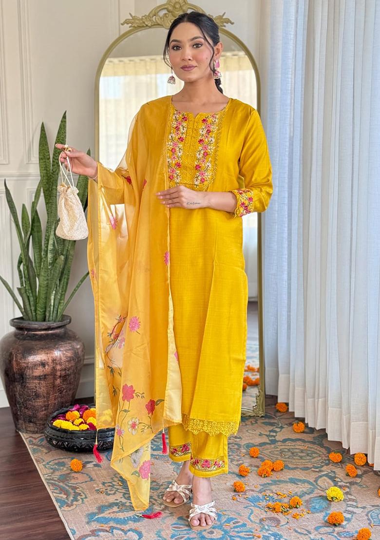 Mustard Yellow Printed Silk Salwar Kameez