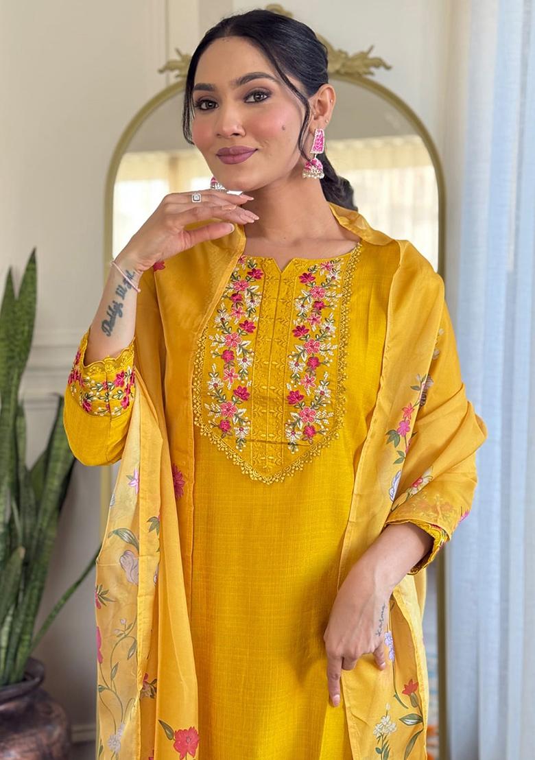 Mustard Yellow Printed Silk Salwar Kameez