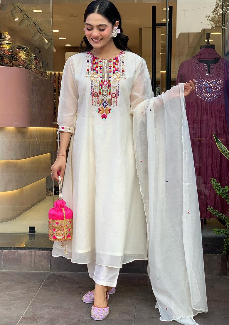 White Printed Chanderi Salwar Kameez