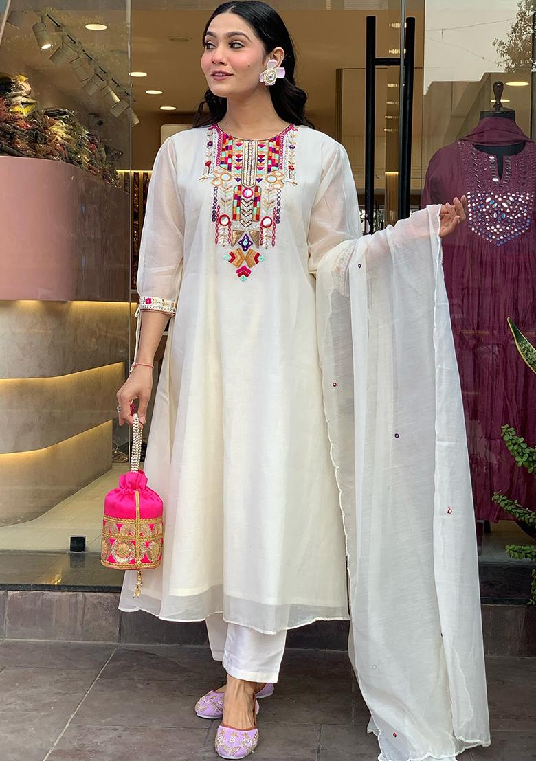 White Printed Chanderi Salwar Kameez