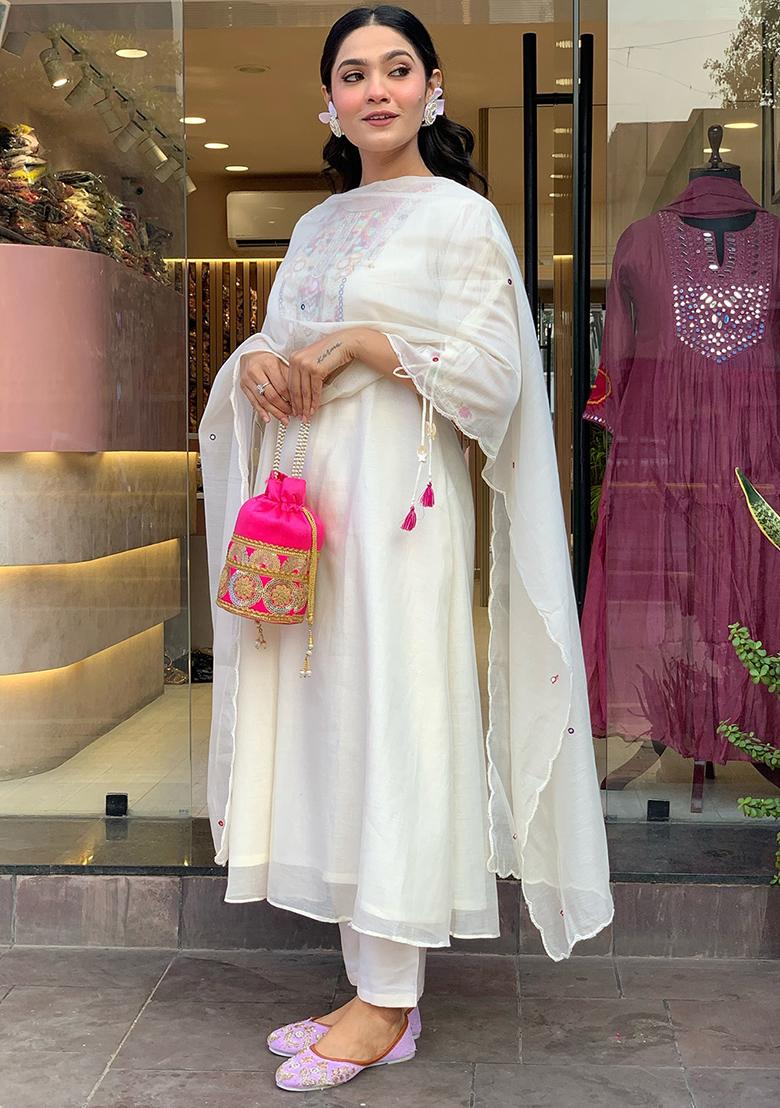 White Printed Chanderi Salwar Kameez