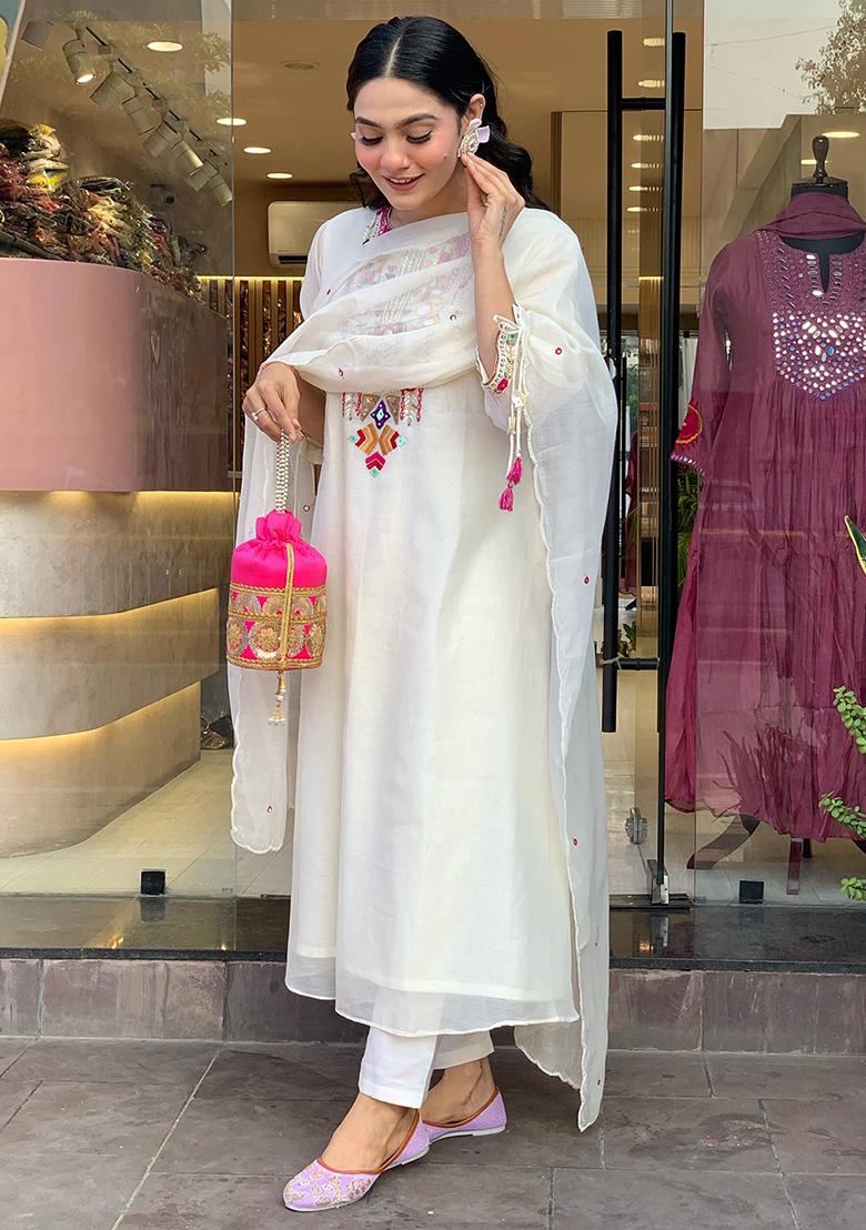 White Printed Chanderi Salwar Kameez