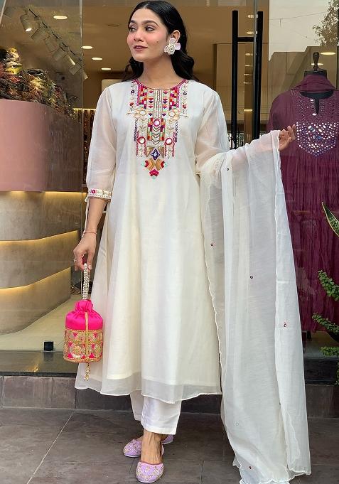 White Printed Chanderi Salwar Kameez