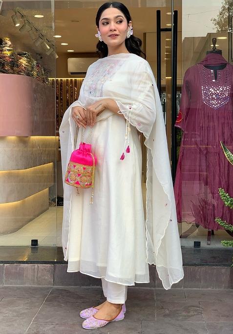 White Printed Chanderi Salwar Kameez