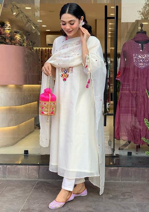 White Printed Chanderi Salwar Kameez