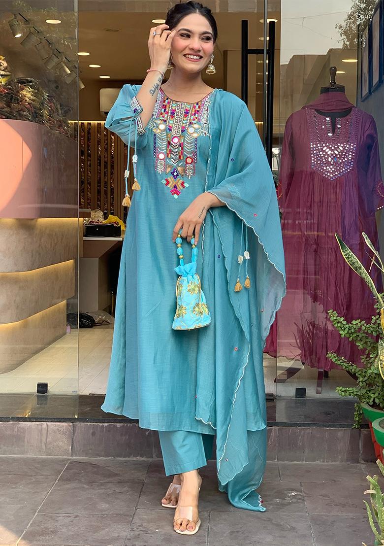Aqua Blue Printed Chanderi Salwar Kameez