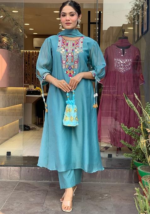Aqua Blue Printed Chanderi Salwar Kameez