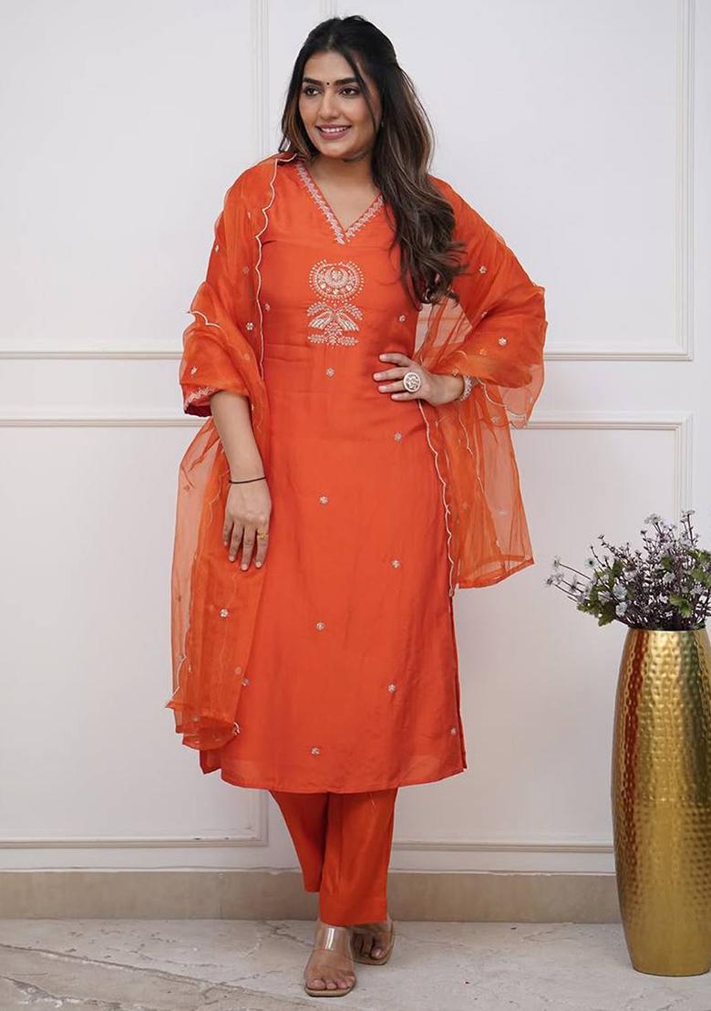 Orange Embroidered Viscose Salwar Kameez