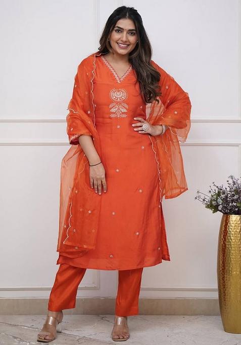Orange Embroidered Viscose Salwar Kameez