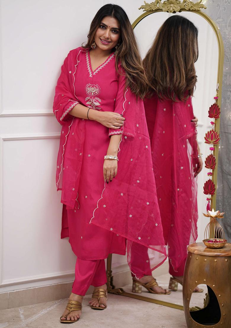 Rani Pink Embroidered Viscose Salwar Kameez