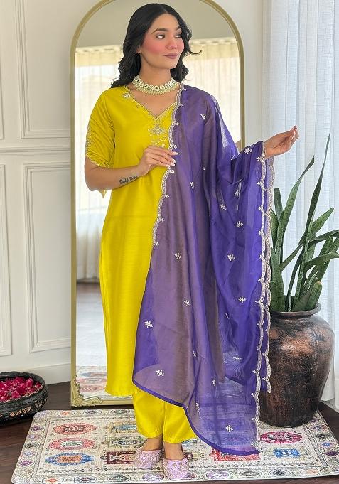 Lemon Yellow Embroidered Viscose Salwar Kameez