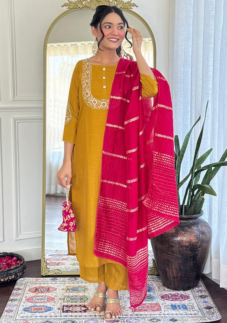 Mustard Yellow Embroidered Silk Salwar Kameez