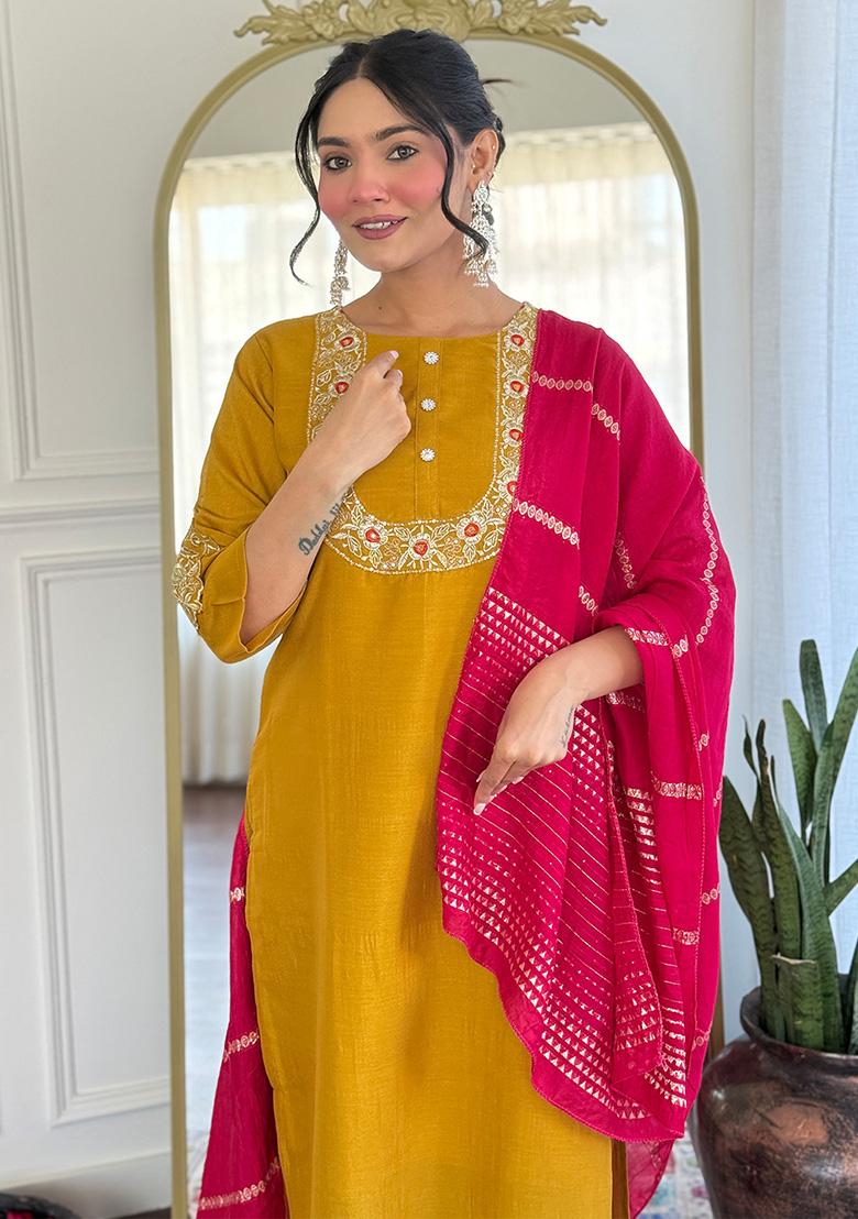 Mustard Yellow Embroidered Silk Salwar Kameez