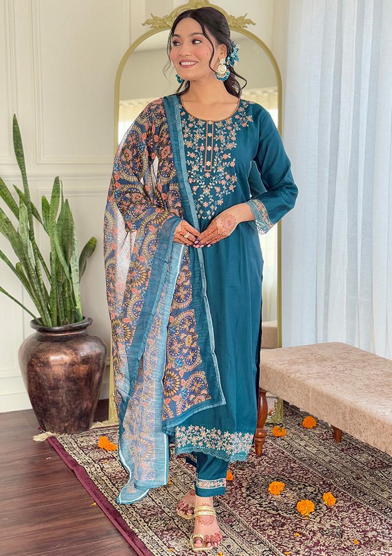 Teal Blue Embroidered Viscose Salwar Kameez