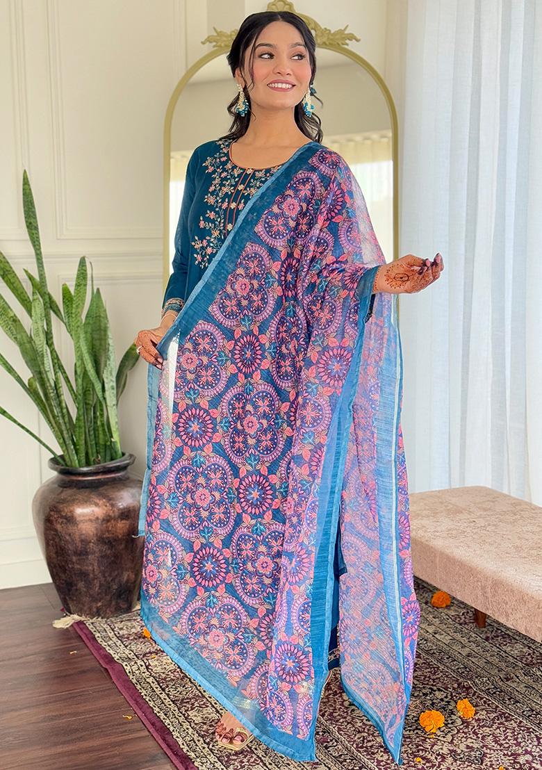 Teal Blue Embroidered Viscose Salwar Kameez