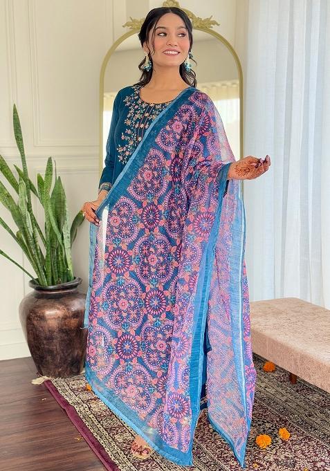 Teal Blue Embroidered Viscose Salwar Kameez