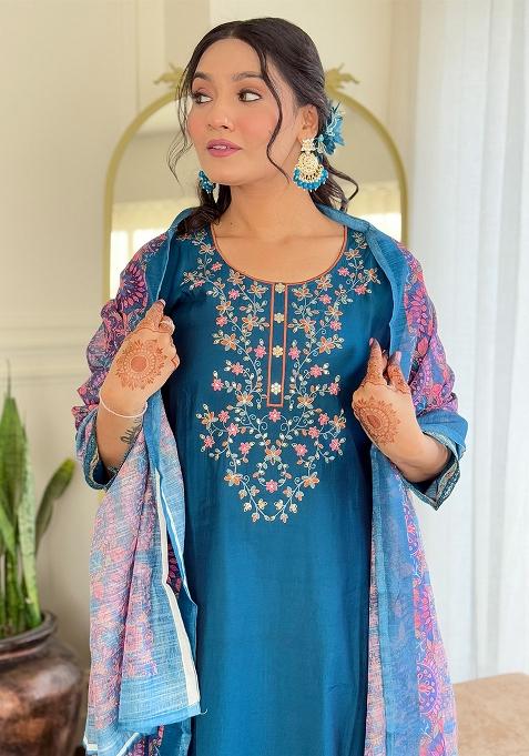 Teal Blue Embroidered Viscose Salwar Kameez