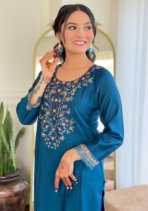 Teal Blue Embroidered Viscose Salwar Kameez
