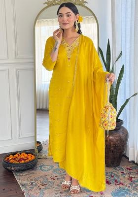 Yellow Embroidered Muslin Salwar Kameez
