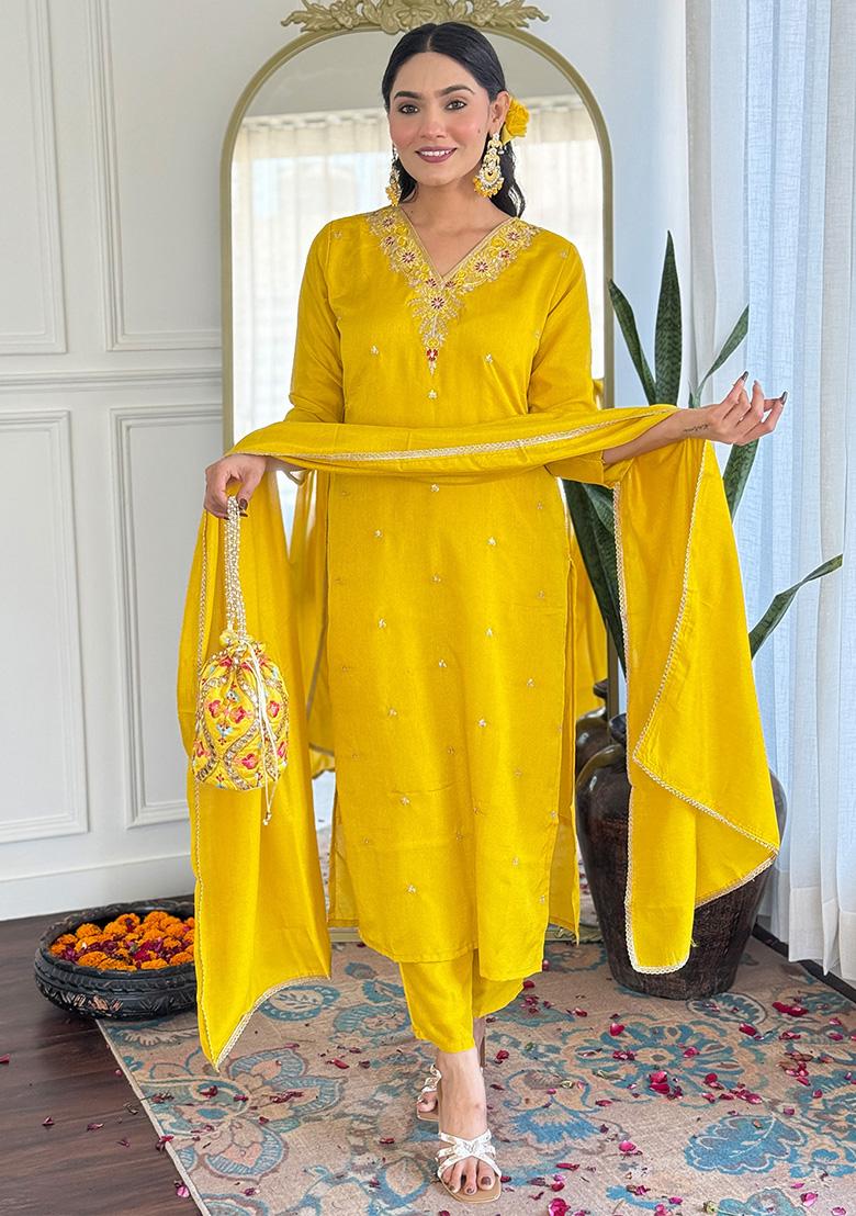 Yellow Embroidered Muslin Salwar Kameez