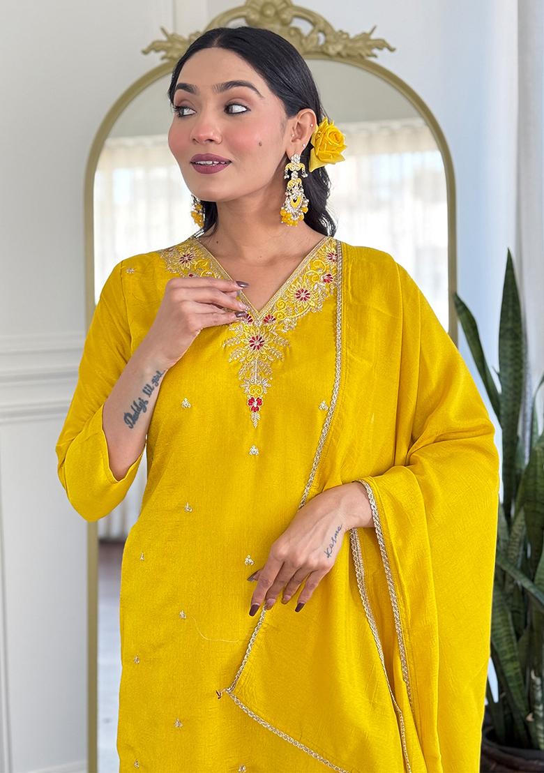 Yellow Embroidered Muslin Salwar Kameez