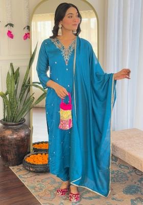 Blue Embroidered Muslin Salwar Kameez