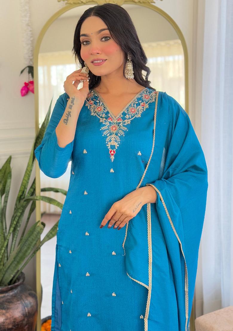 Blue Embroidered Muslin Salwar Kameez