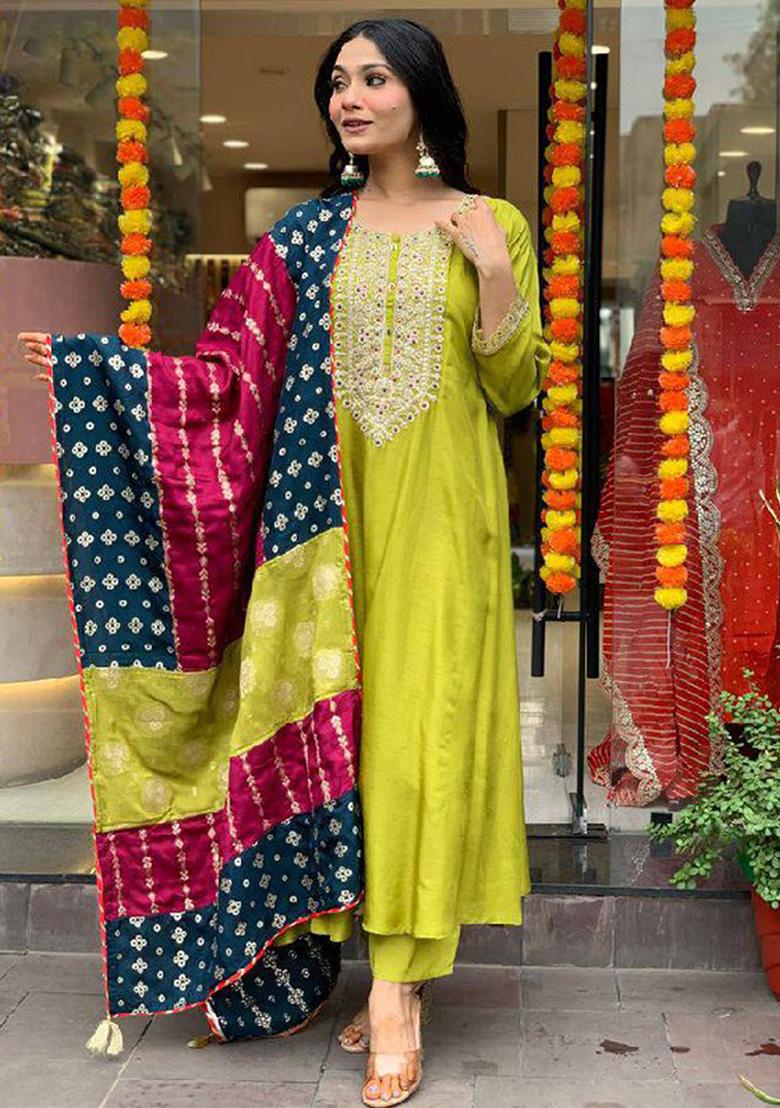 Lemon Yellow Embroidered Viscose Salwar Kameez