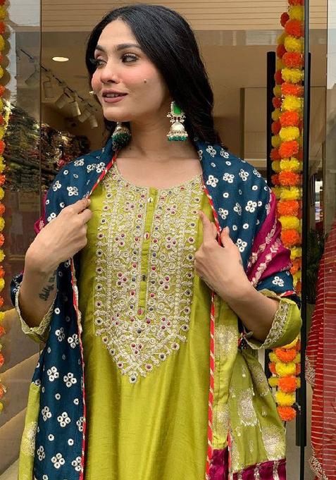 Lemon Yellow Embroidered Viscose Salwar Kameez