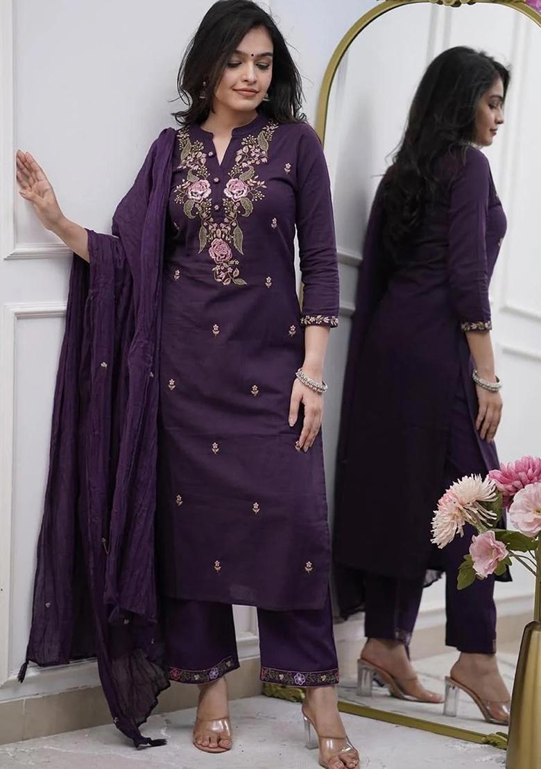 Purple Embroidered Rayon Salwar Kameez