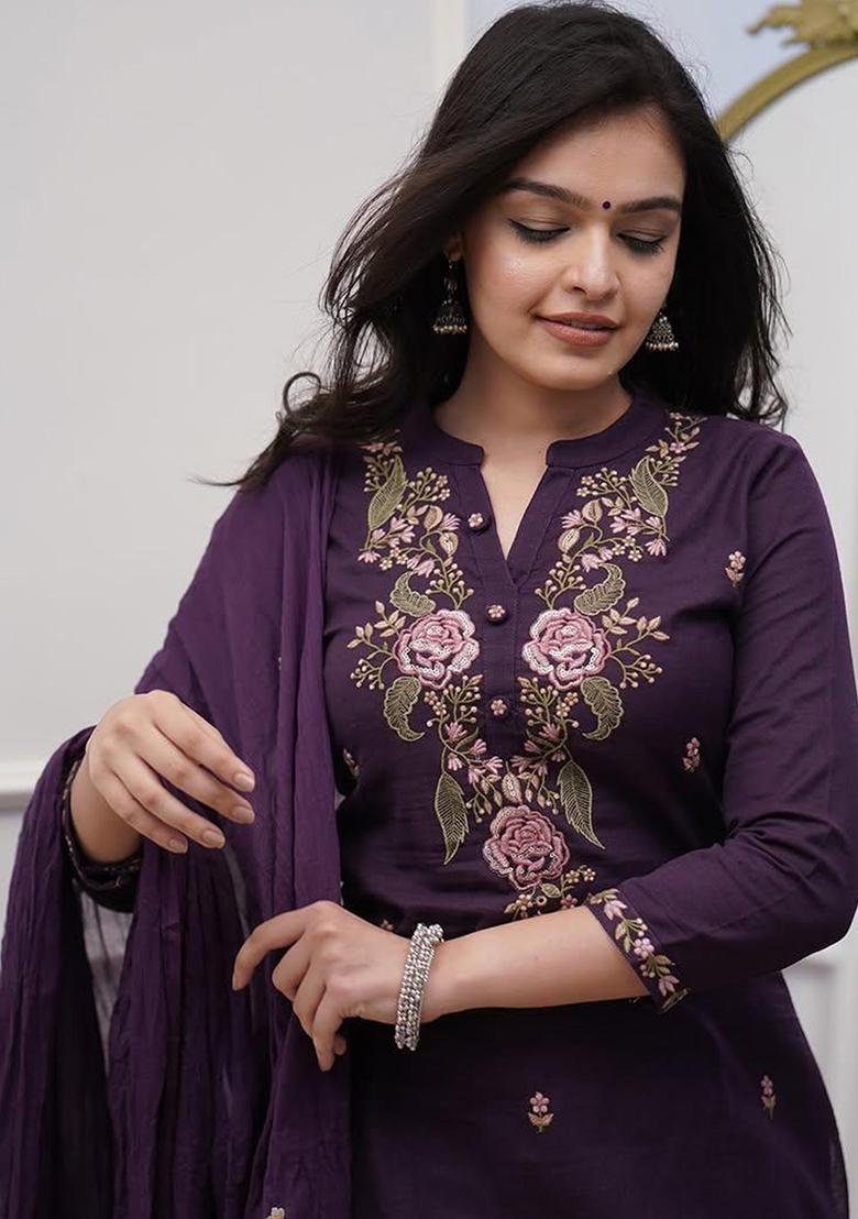 Purple Embroidered Rayon Salwar Kameez