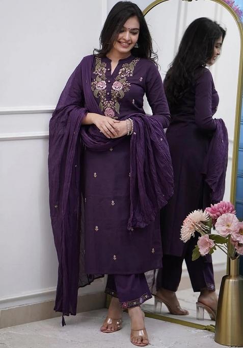 Purple Embroidered Rayon Salwar Kameez