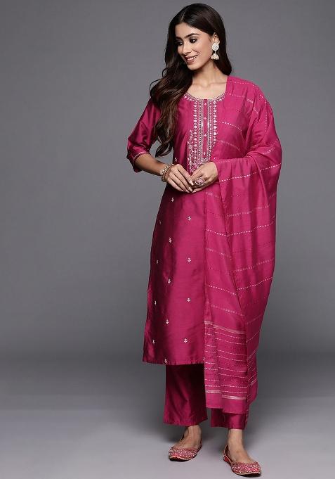 Dark Pink Embroidered Viscose Salwar Kameez