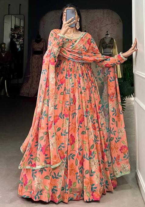 Peach Printed Georgette Salwar Kameez
