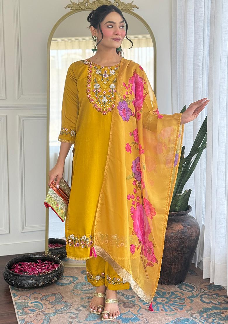 Yellow Embroidered Chanderi Salwar Kameez
