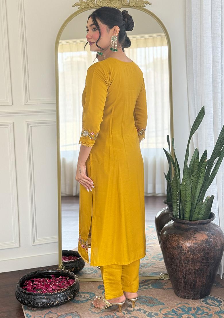 Yellow Embroidered Chanderi Salwar Kameez