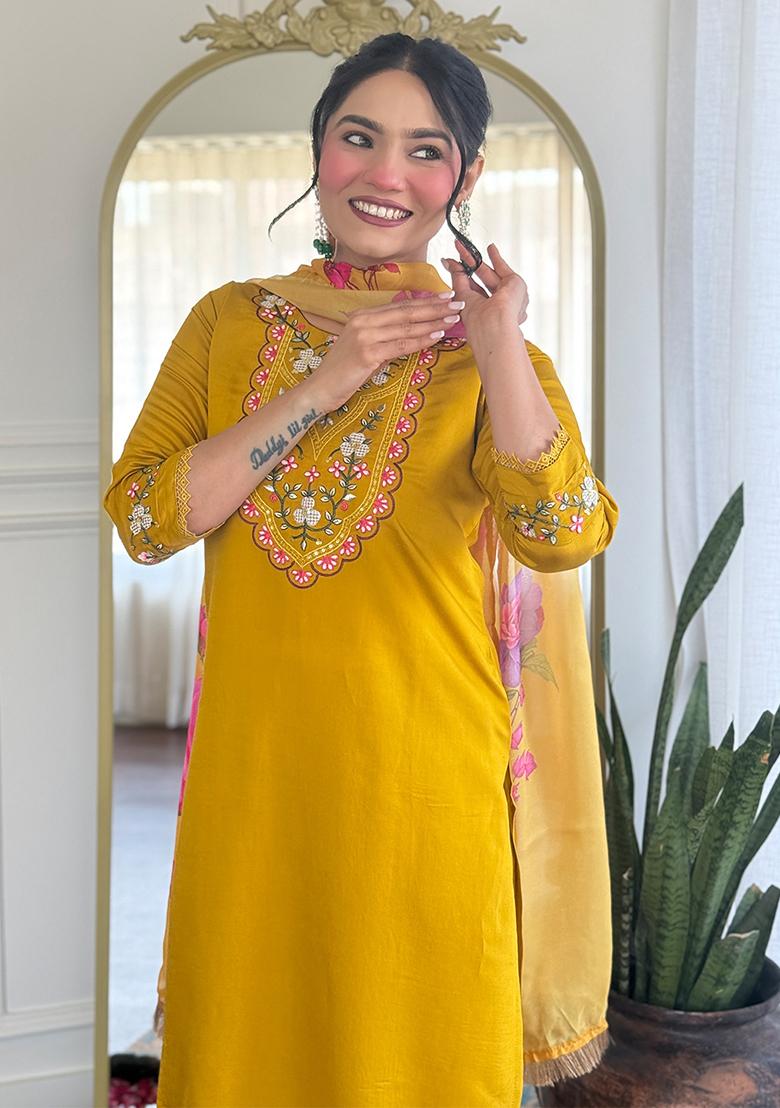 Yellow Embroidered Chanderi Salwar Kameez