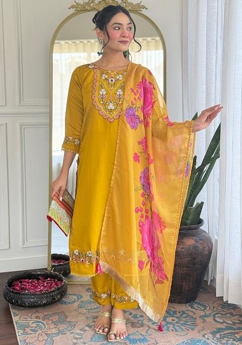 Yellow Embroidered Chanderi Salwar Kameez