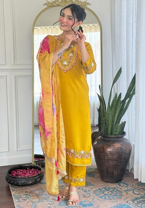 Yellow Embroidered Chanderi Salwar Kameez