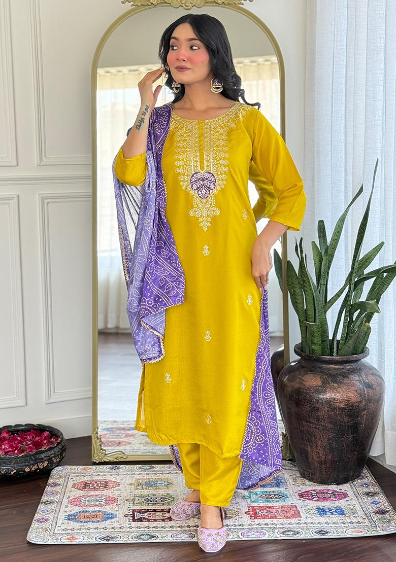 Mustard Yellow Embroidered Silk Salwar Kameez